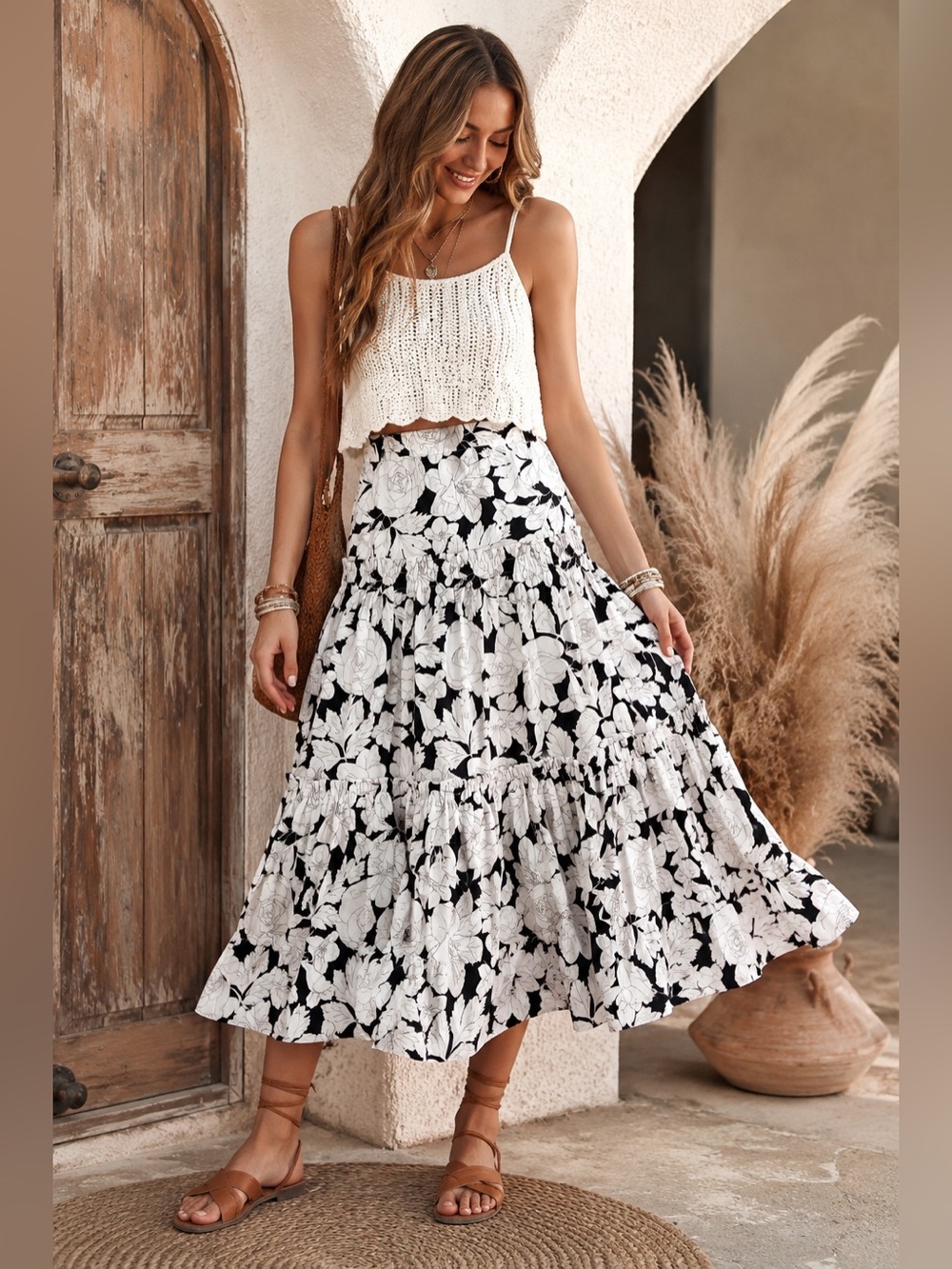 Boston Proper Black & White Floral Print Midi Skirt